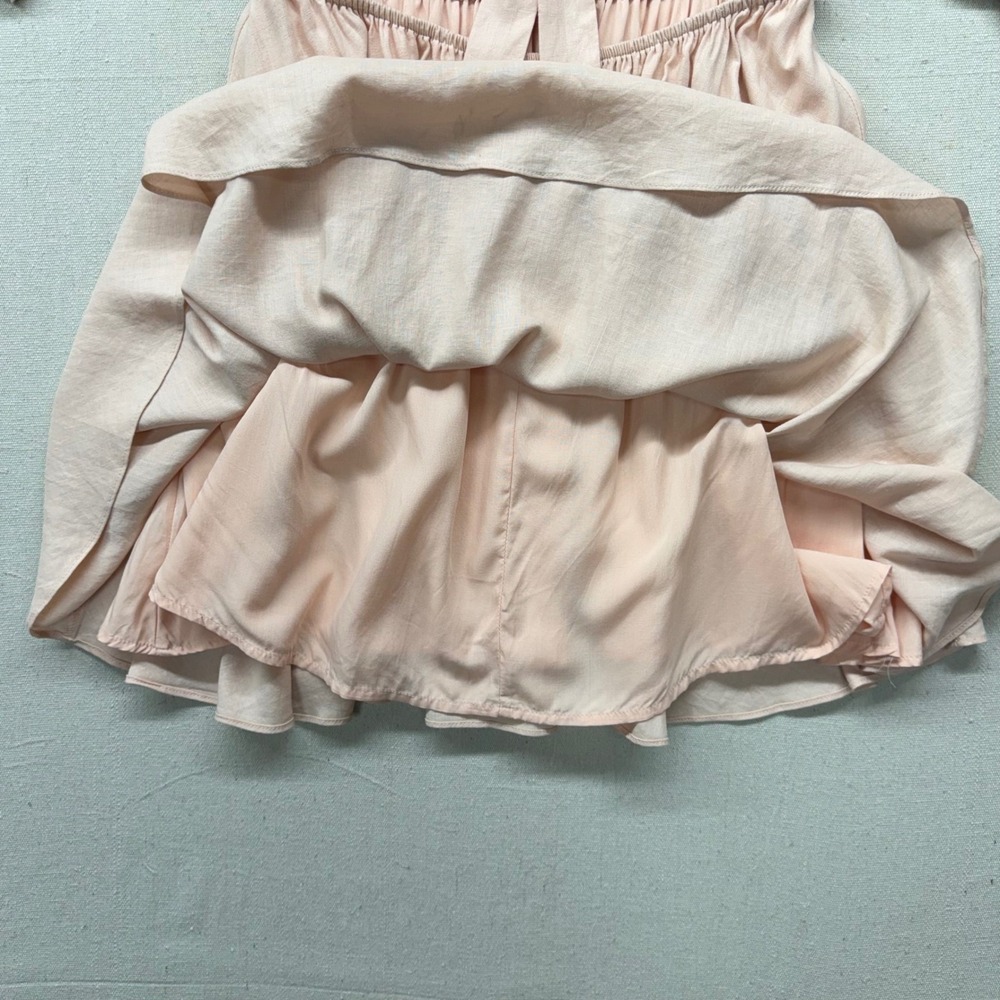 Pink Linen Blend Puff Sleeve Mini Dress OpenBack L Cottagecore Coquette Babydoll - Picture 13 of 13